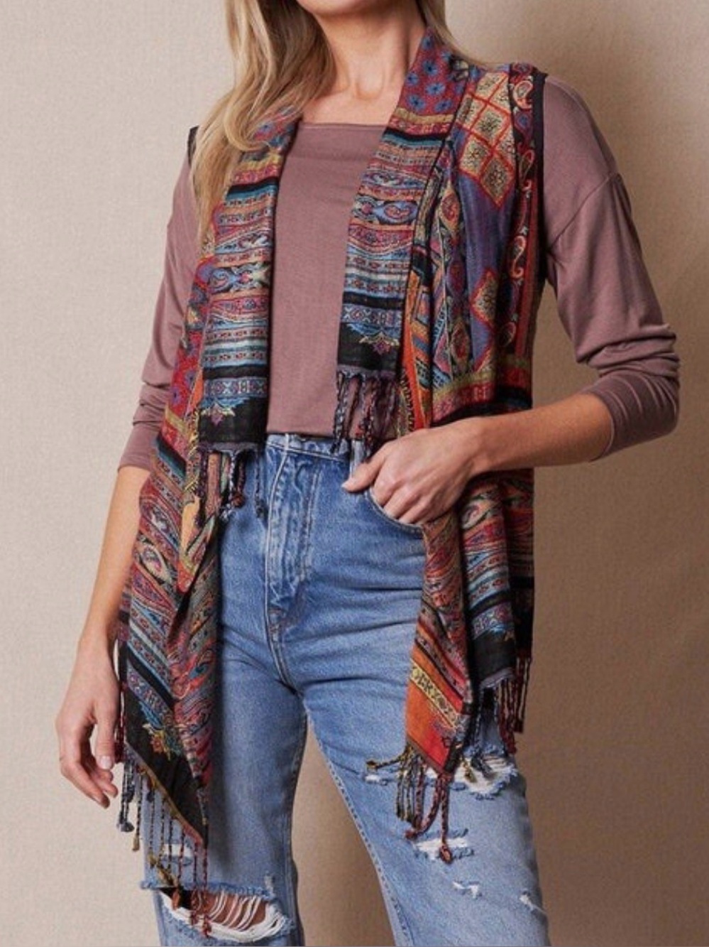 Boho Style Open Front Draped Fringe Cardigan Vest w/a Vibrant Paisley Print